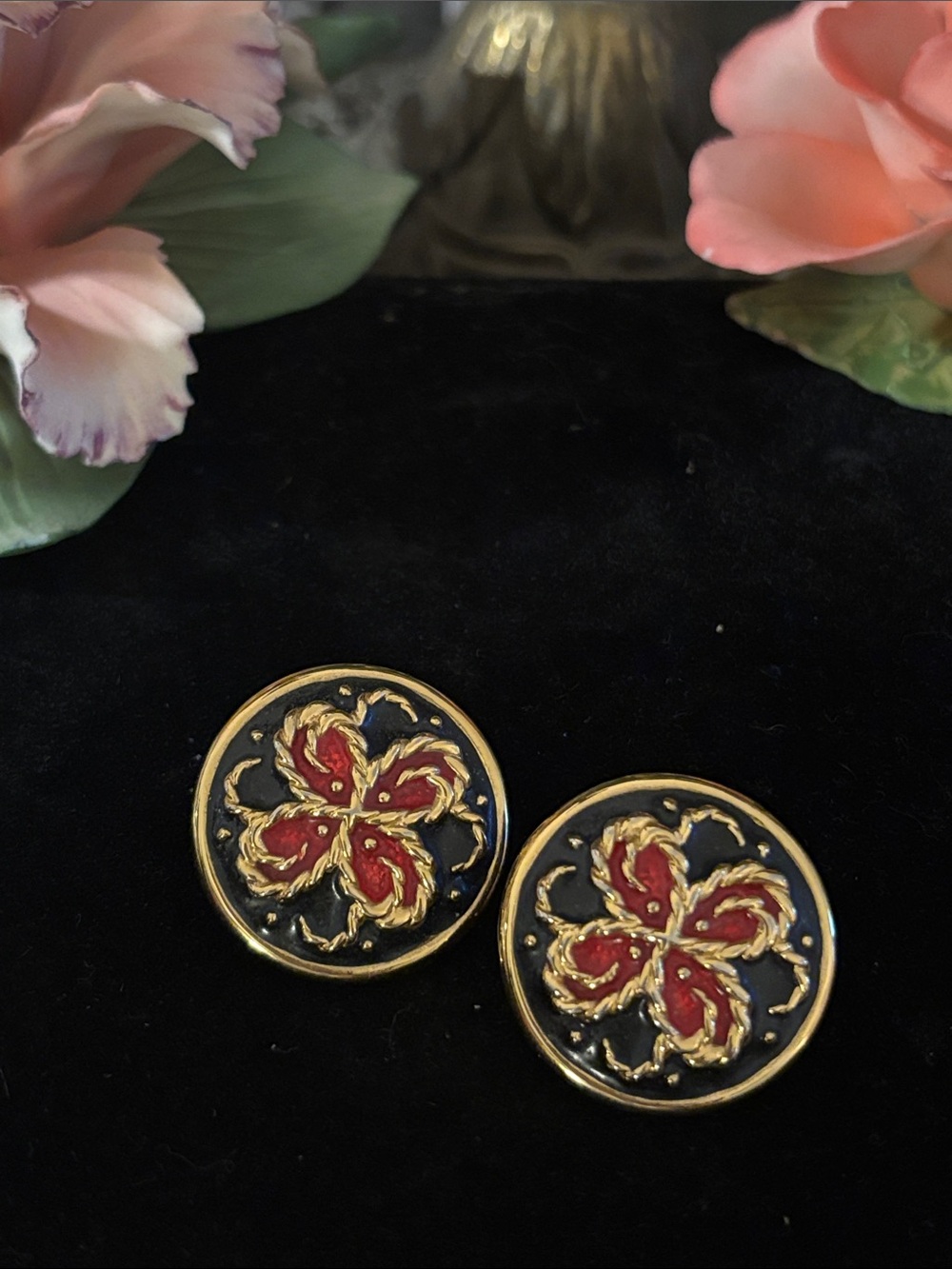 NINA RICCI - Gold-Tone Black and Red Floral Button Earrings